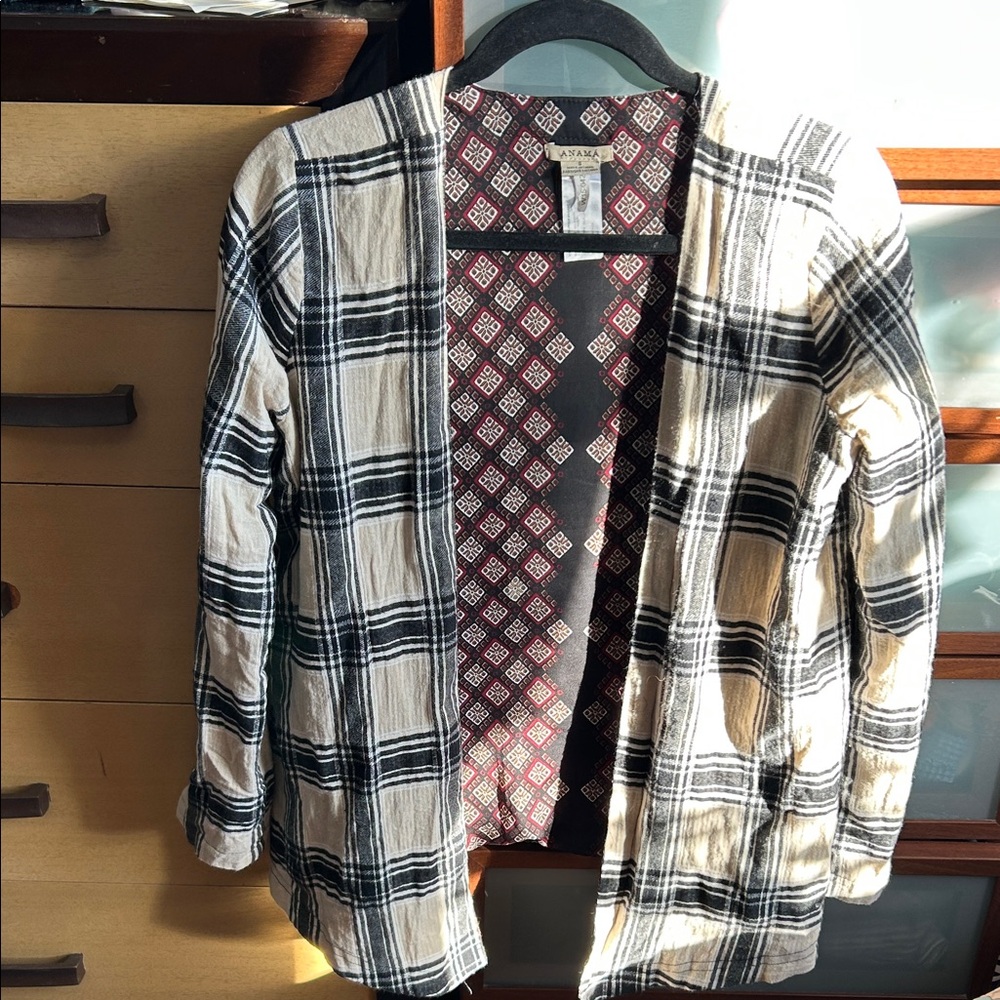 anama reversible  Black and Cream Plaid  cardigan size small